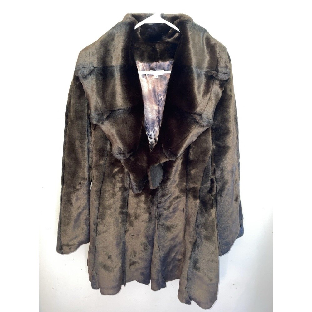 Y2K Cache Faux Fur Coat Size 8 Brown Leopard Lining Glam Wide Collar